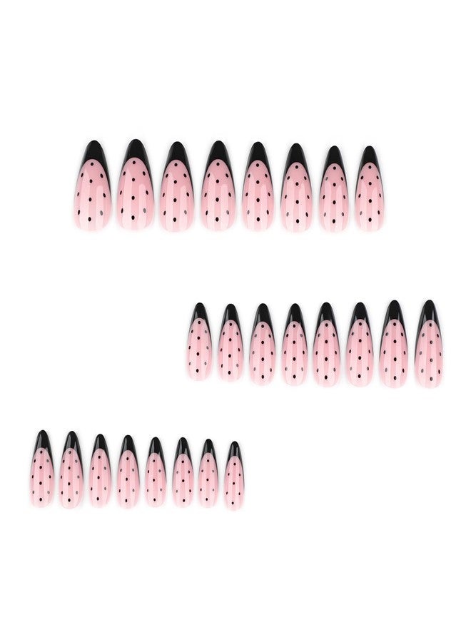 CTTHNBD Black French Tip Press on Nails Almond - Medium Fake Nails with Spot Design - Glossy Full Cover Stick on False Nails - for Women 24 Pcs - Image 2